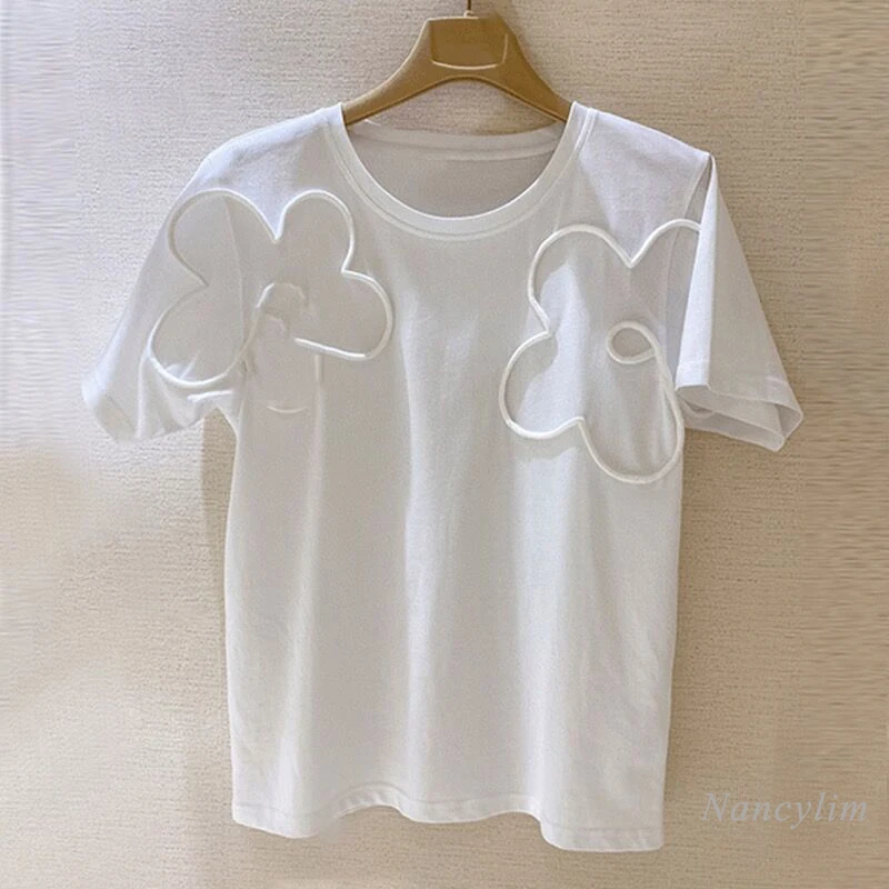 White T Shirts Woman 2021 Summer New Simple Round Neck Solid Color Three-Dimensional Flower Short Sleeve T-shirt Female Tops
White T Shirts Woman 2021 Summer New Simple Round Neck Solid Color Three-Dimensional Flower Short Sleeve T-shirt Female Tops