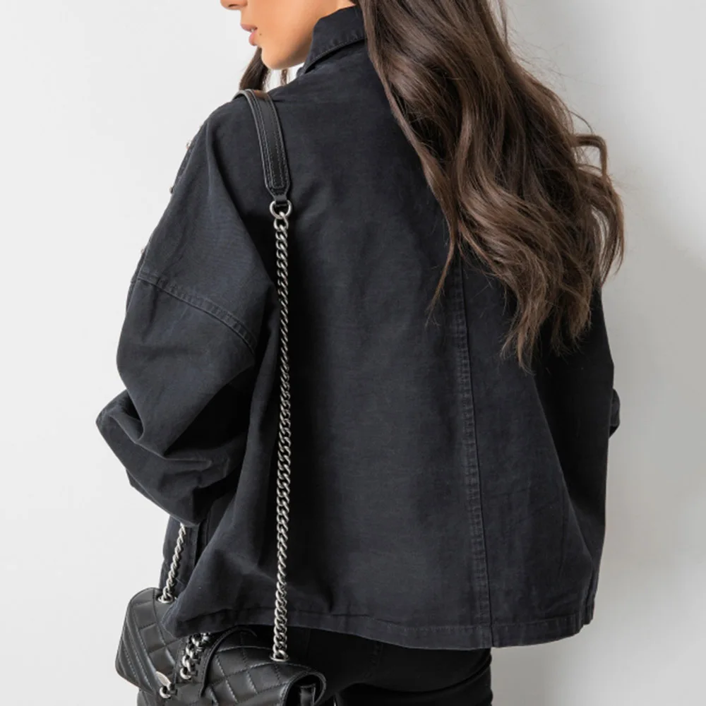 Женская куртка в стиле Харадзюку с заклепками короткая черная джинсовая
