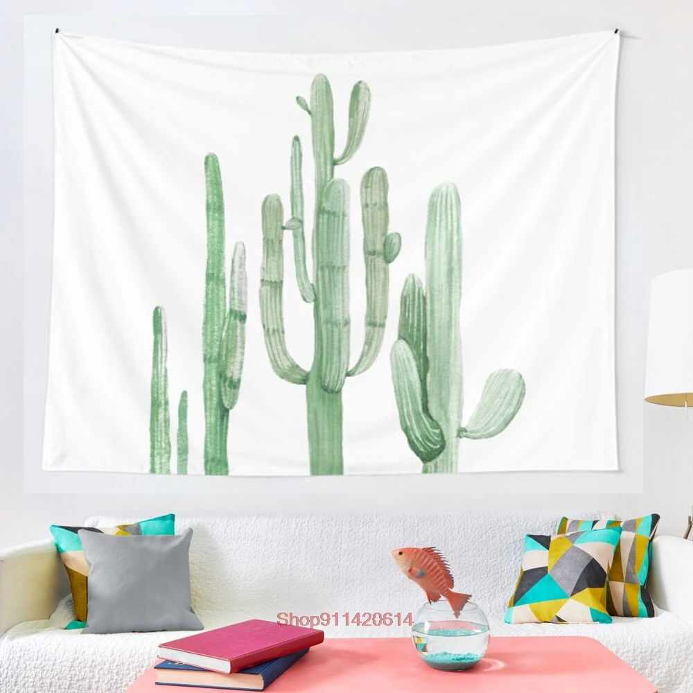 

Pretty Cactus Green and White Desert Cacti Wall Art Three Amigos tapestry Art Wall Hanging Tapestries for Living Room Decor