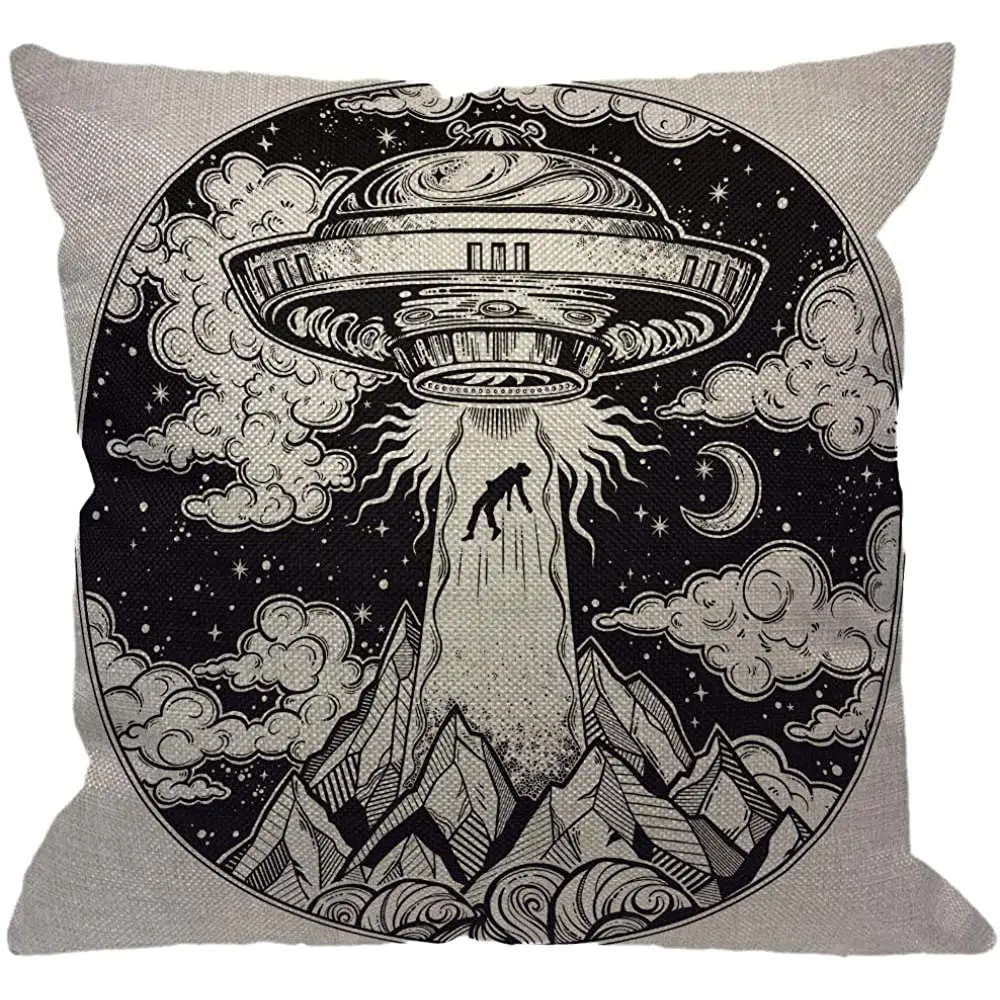 Alien Spaceship Throw Pillow Cover,UFO Abduction of A Human with Flying Saucer Icon Moon Mountain Black White Decorative
Alien Spaceship Throw Pillow Cover,UFO Abduction of A Human with Flying Saucer Icon Moon Mountain Black White Decorative