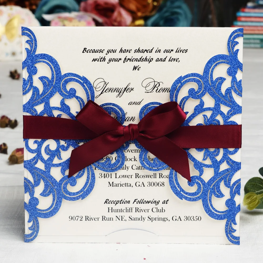 

Royal Blue Glitter Laser Cut Wedding Invitations Cards With Burgundy Ribbons for Marriage Birthday Party,Customizable 50pcs