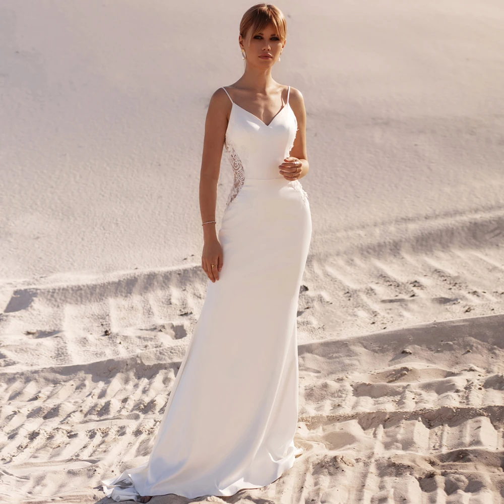 Vestidos Sexy Wedding Dresses Jersey Lace V-Neck Spaghetti Straps Zipper A-Line Bridal Gowns do novia
Vestidos Sexy Wedding Dresses Jersey Lace V-Neck Spaghetti Straps Zipper A-Line Bridal Gowns do novia