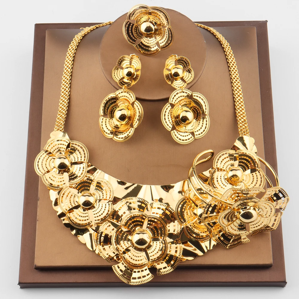 Jewelry For Women Set Of Luxury Bracelet Gold Plated Ring Fashion Necklace Thin & Light Flower Shape Trend Earrings Dinner Gifts
Jewelry For Women Set Of Luxury Bracelet Gold Plated Ring Fashion Necklace Thin & Light Flower Shape Trend Earrings Dinner Gifts