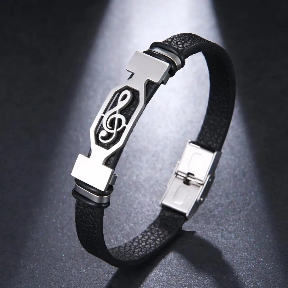 2022 Fashion Charm Jewelry Titanium Steel Leather Bracelet Men Vintage Stainless Steel Music Symbol Cuff Bracelet Pulsera Hombre
2022 Fashion Charm Jewelry Titanium Steel Leather Bracelet Men Vintage Stainless Steel Music Symbol Cuff Bracelet Pulsera Hombre