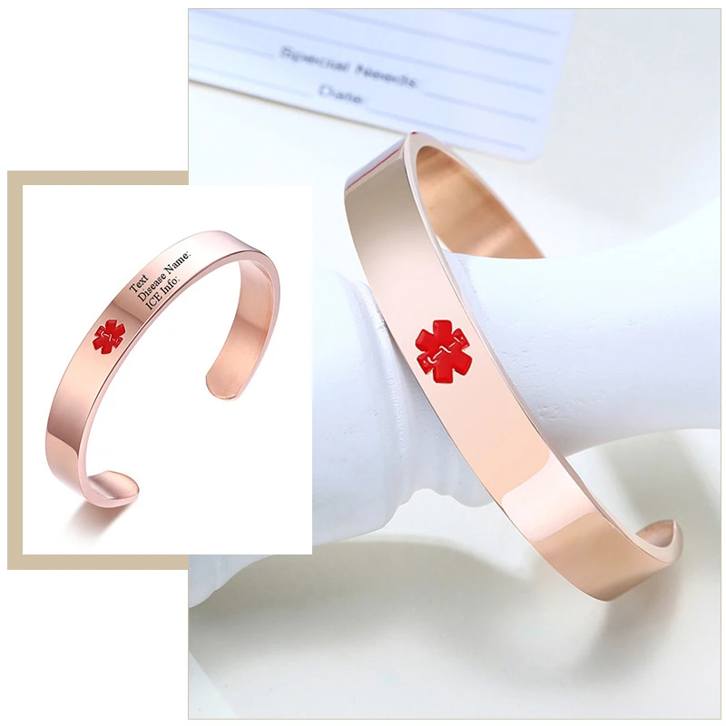 

Free Personalized Engraving Stainless Steel Medical Alert ID Cuff Bangle Bracelets for Women SOS Jewelry 2.56"