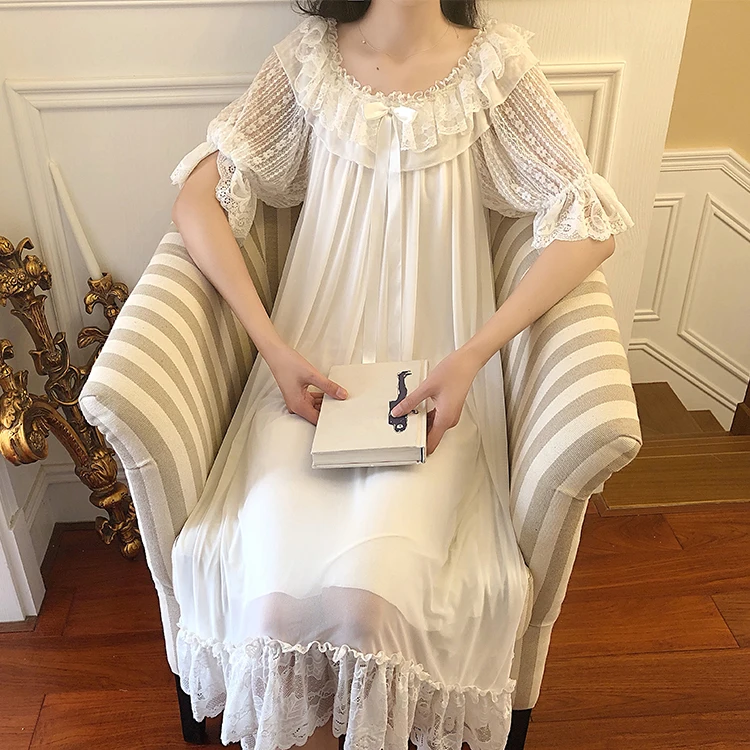 

Women Palace Style Dress Vintage Voile Princess Sleepshirts Lolita Lace Nightgowns.Victorian Nightdress Lounge Sleepwear
