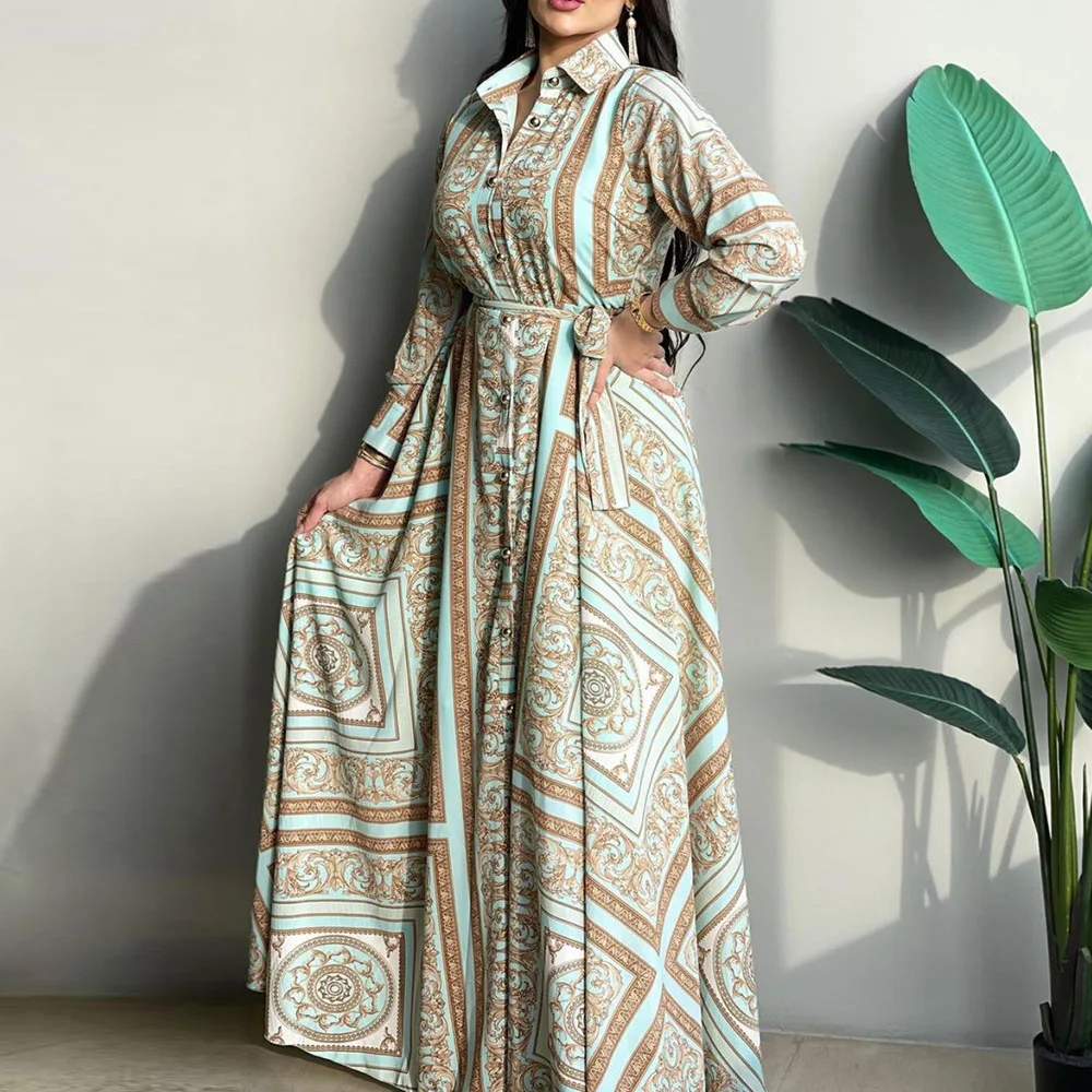 2021 Autumn Winter New Printing Women Dress Muslim Fashion Design High Waist Single-breasted Lapel Long Sleeve Long Dress
2021 Autumn Winter New Printing Women Dress Muslim Fashion Design High Waist Single-breasted Lapel Long Sleeve Long Dress