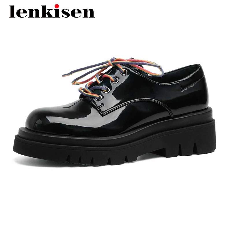 

Женские туфли-лодочки Lenkisen, из лакированной кожи, на платформе, с круглым носком, на толстом среднем каблуке, со шнуровкой, L79, весна 2021