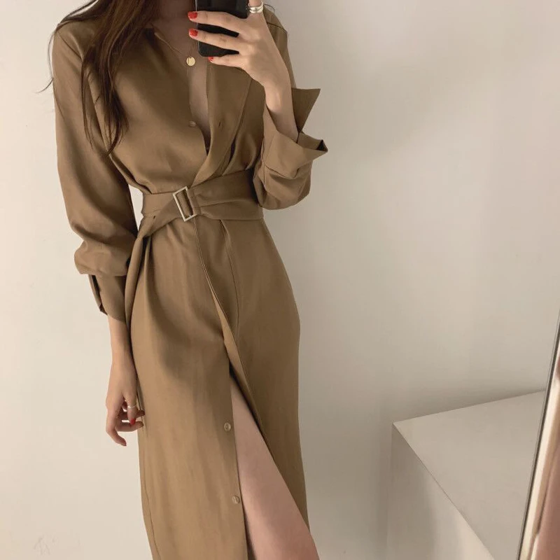 Shirt dress women's lapel single-breasted mid-length section waist belt was thin and long-sleeved sexy women's spring and summer
Shirt dress women's lapel single-breasted mid-length section waist belt was thin and long-sleeved sexy women's spring and summer
