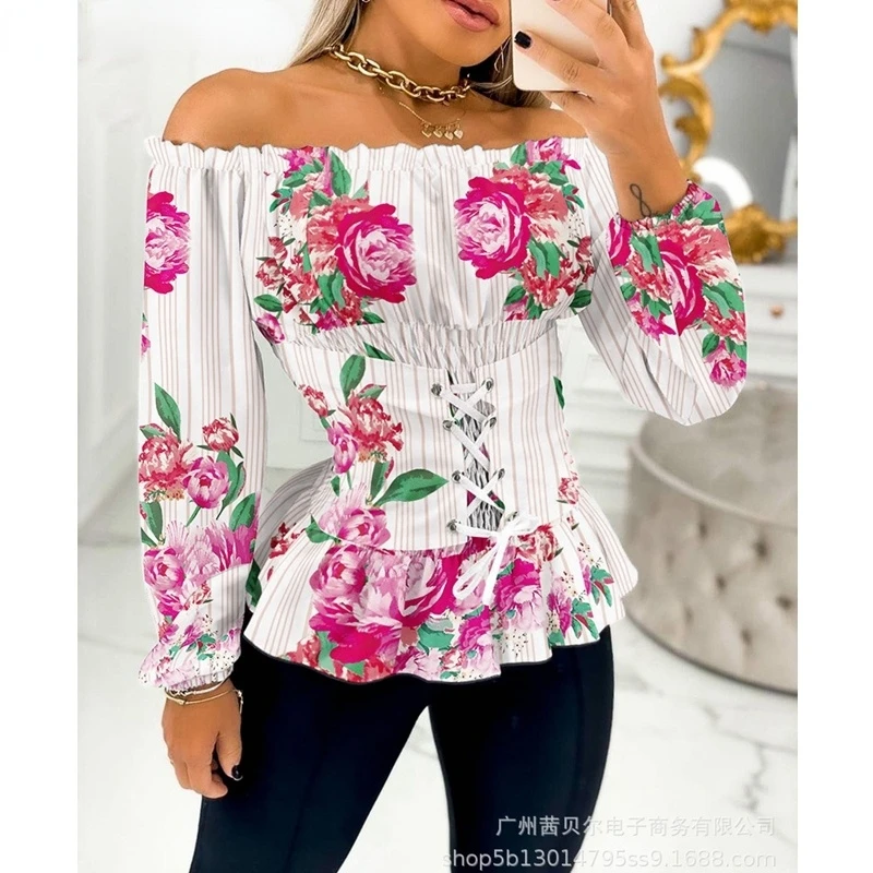 T-shirt Women's Casual Floral Striped Printed Bandaget T-shirt Summer Sexy Slash Neck Long Sleeved Slim T-shirt Top
T-shirt Women's Casual Floral Striped Printed Bandaget T-shirt Summer Sexy Slash Neck Long Sleeved Slim T-shirt Top