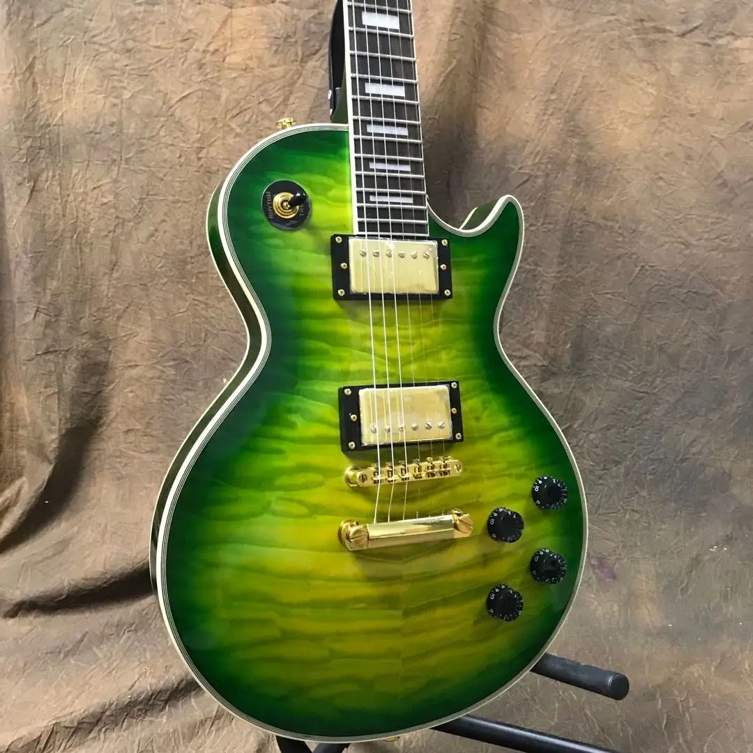 

Hot Sale Classical AAAAA Quilted MAple Top Green Circle Yellow Sunburst Guitar Gold Hardware Free Shipping