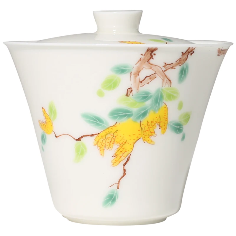 Hand-painted Sancai Covered Bowl White Porcelain Ceramic Household Tea Bowl Thin Tire Tea Tureen Accessories Home Decor 
Hand-painted Sancai Covered Bowl White Porcelain Ceramic Household Tea Bowl Thin Tire Tea Tureen Accessories Home Decor