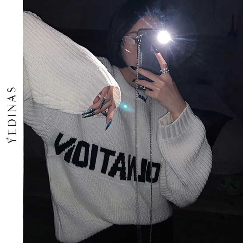 

Yedinas Streetwear Letter Sweater Women Clothing O Neck Long Sleeve Korean Pullover Autumn Winter 2021 Ladies Knitted Jumper Y2k