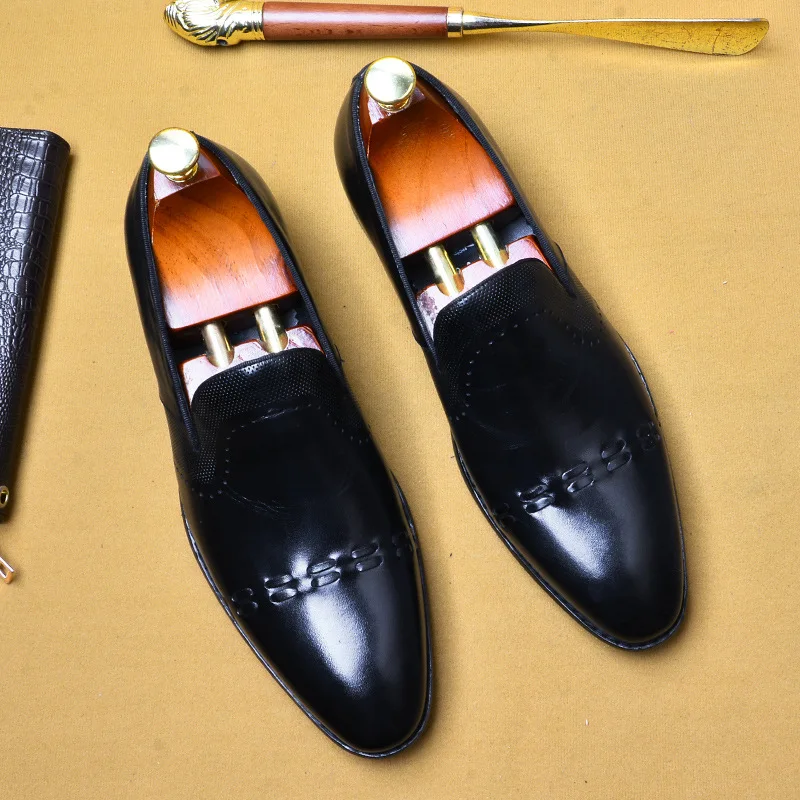 Formal Shoes Men Leather Shoes Business Dress Suit Shoes Men Brand Bullock Genuine Leather Black Slipon Wedding Mens Shoes