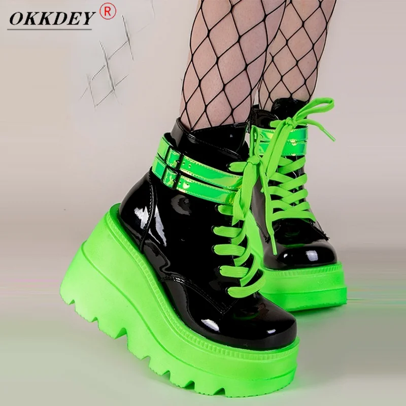 Women's Boots Brand Designer Gothic Ladies Thick-soled Wedges with Thick-soled Punk Sexy Green Patent Leather Heeled Ankle Boots
Women's Boots Brand Designer Gothic Ladies Thick-soled Wedges with Thick-soled Punk Sexy Green Patent Leather Heeled Ankle Boots
