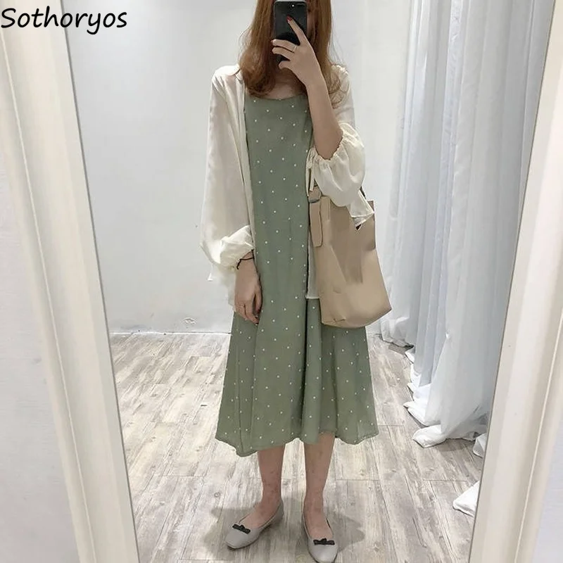 Women Sleeveless Dresses Dot Printed Spaghetti Straps Calf Length A-line Elegant Female Summer Dress Vintage Chic Korean Style 
Women Sleeveless Dresses Dot Printed Spaghetti Straps Calf Length A-line Elegant Female Summer Dress Vintage Chic Korean Style