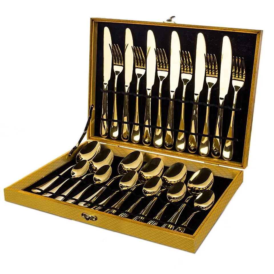 24pcs Gold Dinnerware Set Stainless Steel Tableware Set Knife Fork Spoon Luxury Cutlery Set Gift Box Flatware Dishwasher Safe
24pcs Gold Dinnerware Set Stainless Steel Tableware Set Knife Fork Spoon Luxury Cutlery Set Gift Box Flatware Dishwasher Safe