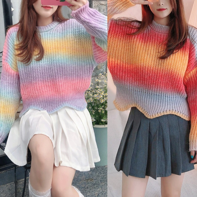 Women Long Sleeve Sweater Gradient Rainbow Striped Wave Hem Knitwear Jumper Tops
Women Long Sleeve Sweater Gradient Rainbow Striped Wave Hem Knitwear Jumper Tops
