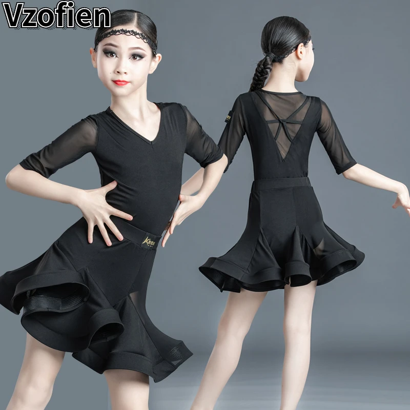 

Girl Ballroom Dancing Rumba Samba Lace Latin Dance Dress Modern Waltz Tango Cha Cha Costumes Black Competition Dance Dresses