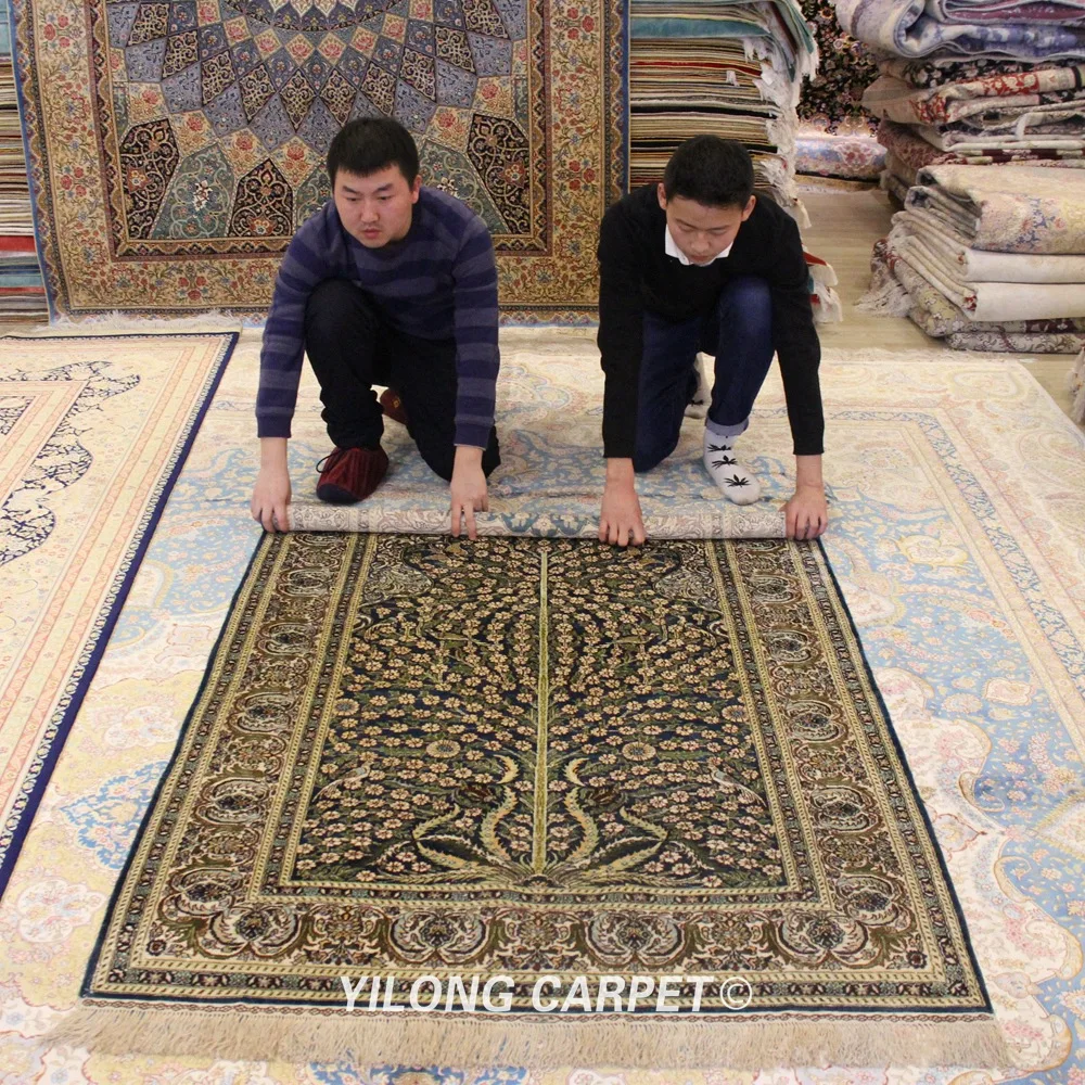 YILONG 4'x6' Tabriz silk carpet blue handmade vantage antique Persian silk rugs (YXR192B) 
YILONG 4'x6' Tabriz silk carpet blue handmade vantage antique Persian silk rugs (YXR192B)