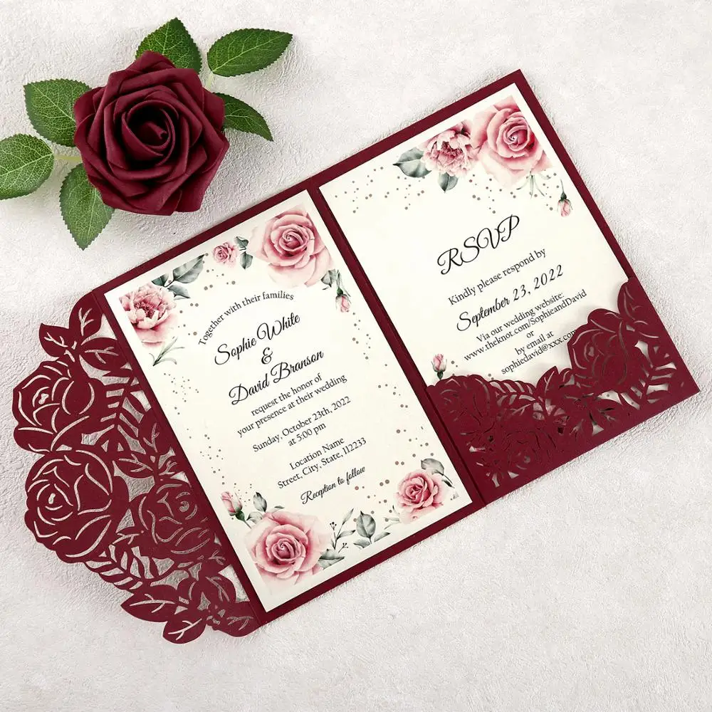 50pcs Burgundy Wedding Invitation Customized Printed Cards with Laser Cut Wedding Invitation Pocket
50pcs Burgundy Wedding Invitation Customized Printed Cards with Laser Cut Wedding Invitation Pocket
