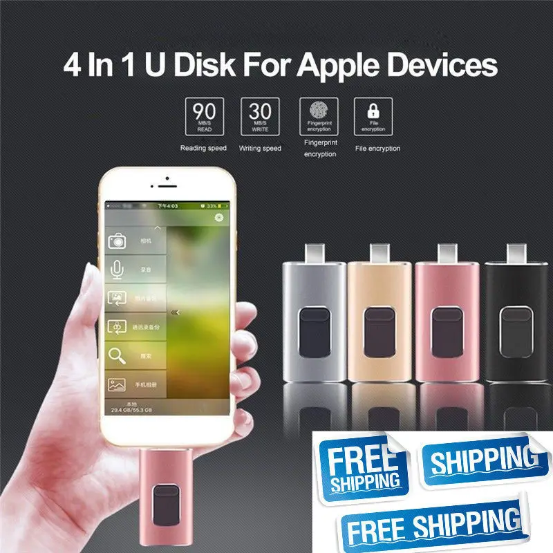 Compatible For iPhone iPad 4 in 1 OTG USB Flash Drive HD USB 3.0 Flash Memory Pendrive 128GB Android Cell Phone Micro USB Type C 
Compatible For iPhone iPad 4 in 1 OTG USB Flash Drive HD USB 3.0 Flash Memory Pendrive 128GB Android Cell Phone Micro USB Type C