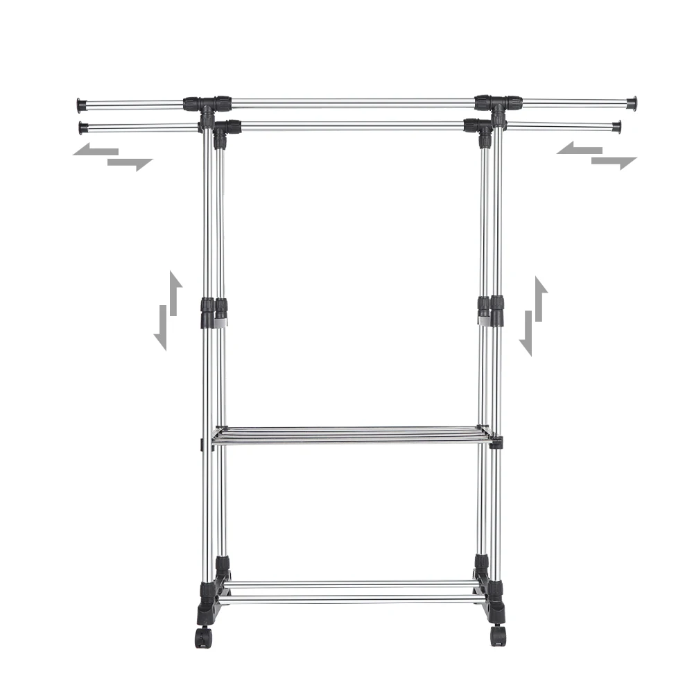 Double Hanging Rails Clothes Clothes Rack Height Adjustable Extendable From 75 To 151 cm with heavy rubber wheels
Double Hanging Rails Clothes Clothes Rack Height Adjustable Extendable From 75 To 151 cm with heavy rubber wheels