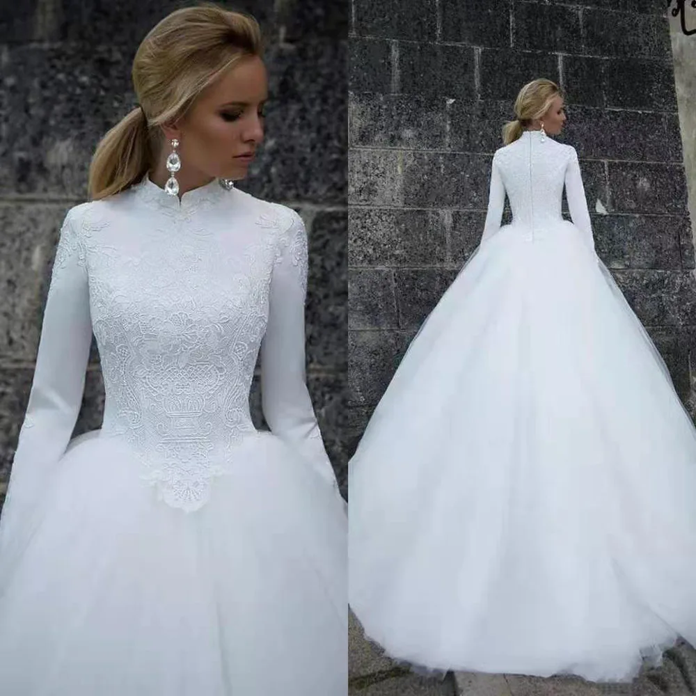 Muslim Wedding Dress High Neck Long Sleeve Modest Design Ball Gown Lace TUlle Bridal Gown vestido de noiva
Muslim Wedding Dress High Neck Long Sleeve Modest Design Ball Gown Lace TUlle Bridal Gown vestido de noiva