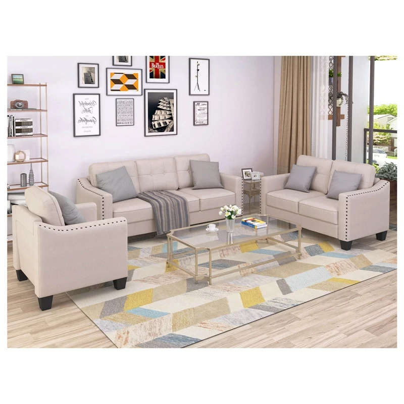 3 Piece Living Room Set, 1 Sofa, 1 Loveseat And 1 Armchair With Rivet On Arm Tufted Back Cushions
3 Piece Living Room Set, 1 Sofa, 1 Loveseat And 1 Armchair With Rivet On Arm Tufted Back Cushions