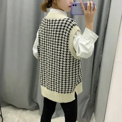 Knitted Sweaters Vest Women V-Neck Sleeveless Houndstooth Loose Female Spring Autumn Korean Style Oversized Sweater | Женская одежда