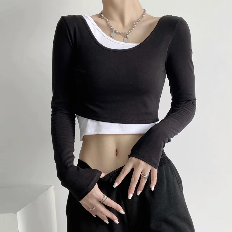 WOMENGAGA Women Asymmetric Overlay To Front Long Sleeve Crop Top Tees Korean Women Short Tops 78O0
WOMENGAGA Women Asymmetric Overlay To Front Long Sleeve Crop Top Tees Korean Women Short Tops 78O0