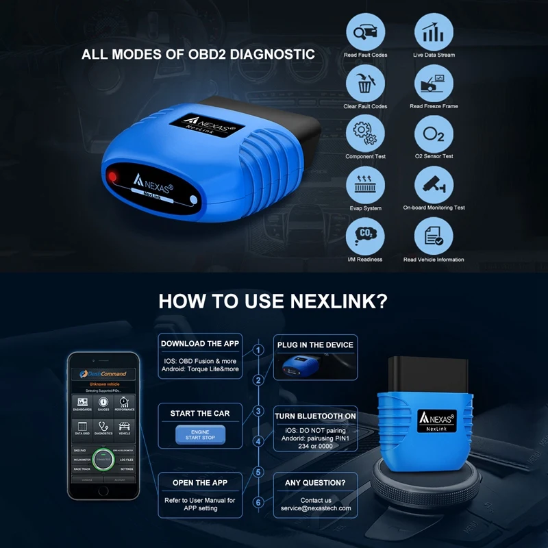 NEXAS NexLink Bluetooth 5.0 Diagnostic Scanner for IOS & Android & PC OBD2/EOBD Fault Code Reader Diagnostic Scan Tool
NEXAS NexLink Bluetooth 5.0 Diagnostic Scanner for IOS & Android & PC OBD2/EOBD Fault Code Reader Diagnostic Scan Tool