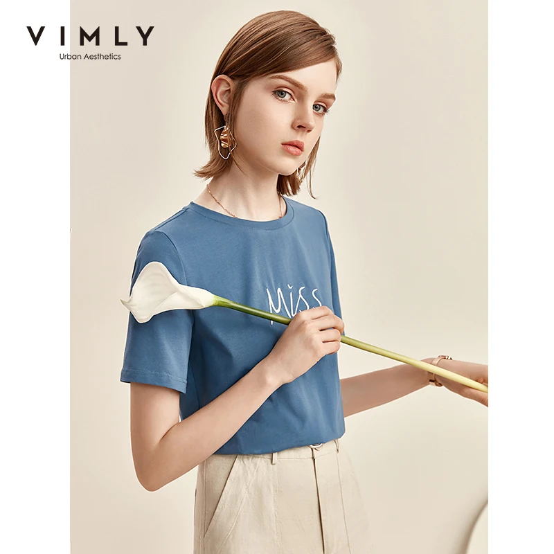 Женская футболка с буквенным принтом Vimly синяя Однотонная круглым вырезом и