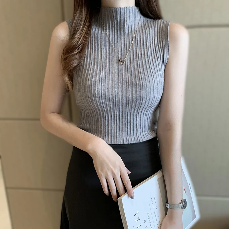 ZAWAHIKI Simplicity Elegant Fashion Knitted Tank Tops Summer Half High Collar Sleeveless Slim Bodycon T-shirt Inside Ropa Mujer 
ZAWAHIKI Simplicity Elegant Fashion Knitted Tank Tops Summer Half High Collar Sleeveless Slim Bodycon T-shirt Inside Ropa Mujer