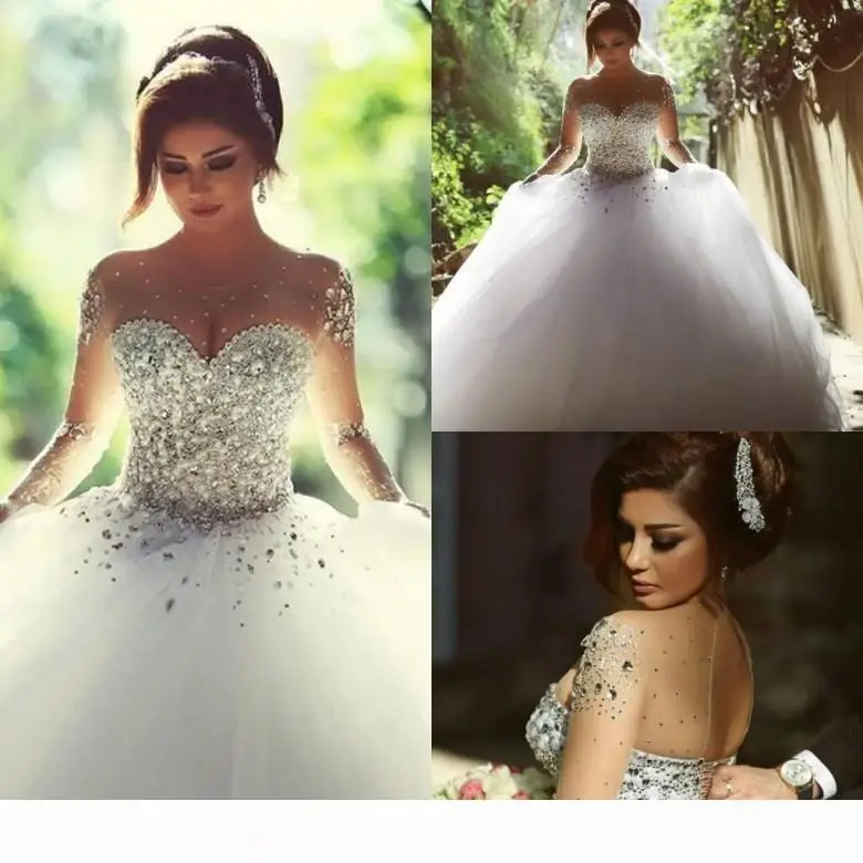 Sparkle Luxury Crystals Ball Gown Wedding Dresses Long Sleeves Rhinestones Backless Arabic Bridal Gown Sheer Crew Neck Vestidos
Sparkle Luxury Crystals Ball Gown Wedding Dresses Long Sleeves Rhinestones Backless Arabic Bridal Gown Sheer Crew Neck Vestidos
