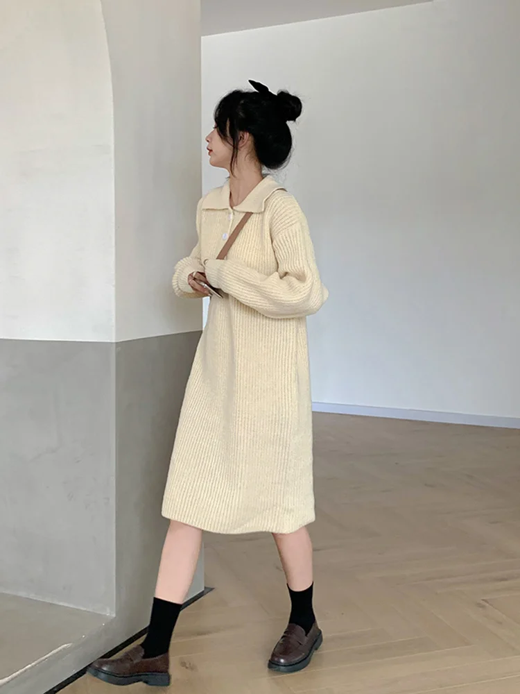 Осень и зима 2021 Новое корейское вязаное платье средней длины с воротником-поло
