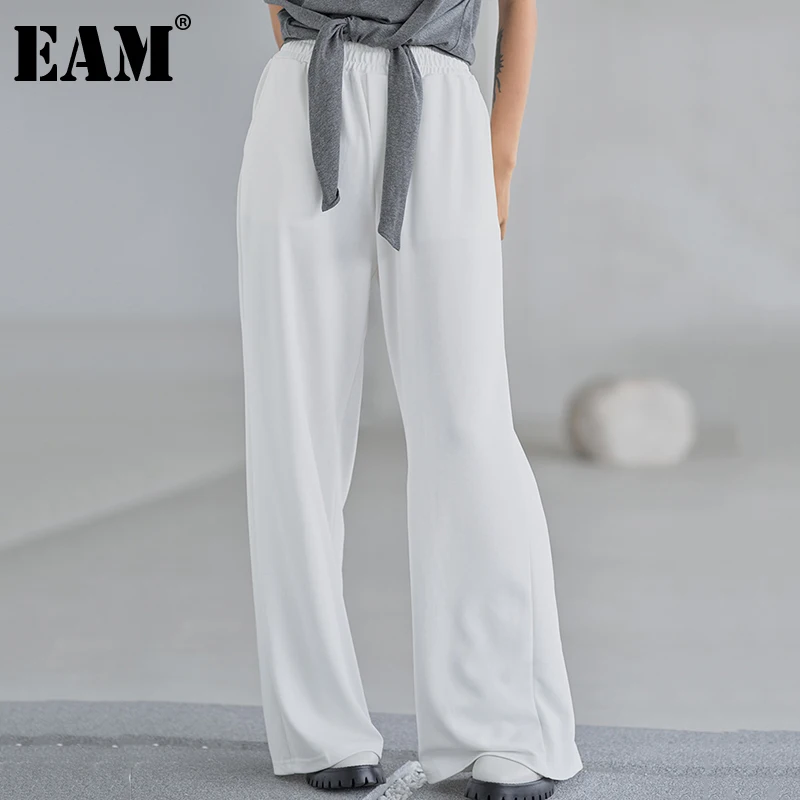 

[EAM] Белые Повседневные длинные широкие брюки с высокой эластичной резинкой на талии, новые свободные женские брюки, модные весенне-летние ...