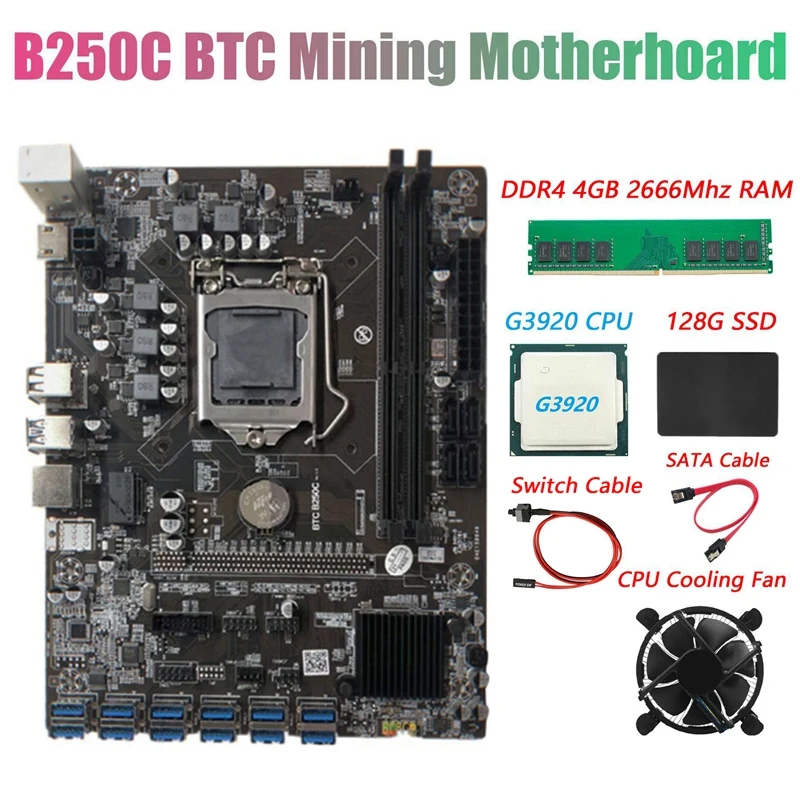 BTC B250C Miner Motherboard+G3920 or G3930 CPU CPU+Fan+DDR4 4GB 2666Mhz RAM+128G SSD+2XCable 12XPCIE to USB3.0 Graphics Card Slo
BTC B250C Miner Motherboard+G3920 or G3930 CPU CPU+Fan+DDR4 4GB 2666Mhz RAM+128G SSD+2XCable 12XPCIE to USB3.0 Graphics Card Slo