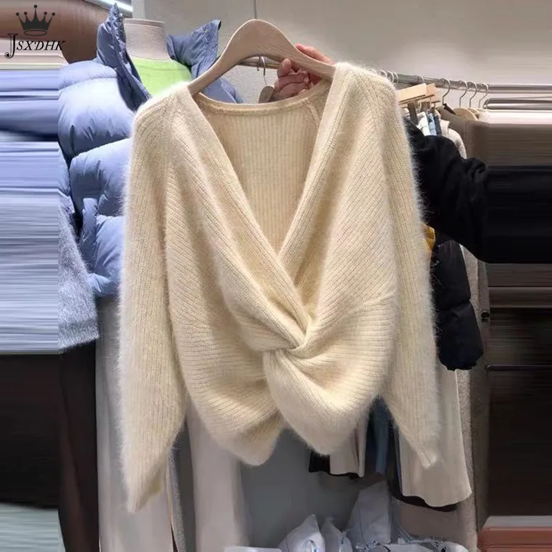 Autumn Winter Elegant Knit Pullovers Women V Neck Long sleeve Sweater Korean Cross Loose Soft Warm Mink Cashmere Thick Jumper
Autumn Winter Elegant Knit Pullovers Women V Neck Long sleeve Sweater Korean Cross Loose Soft Warm Mink Cashmere Thick Jumper