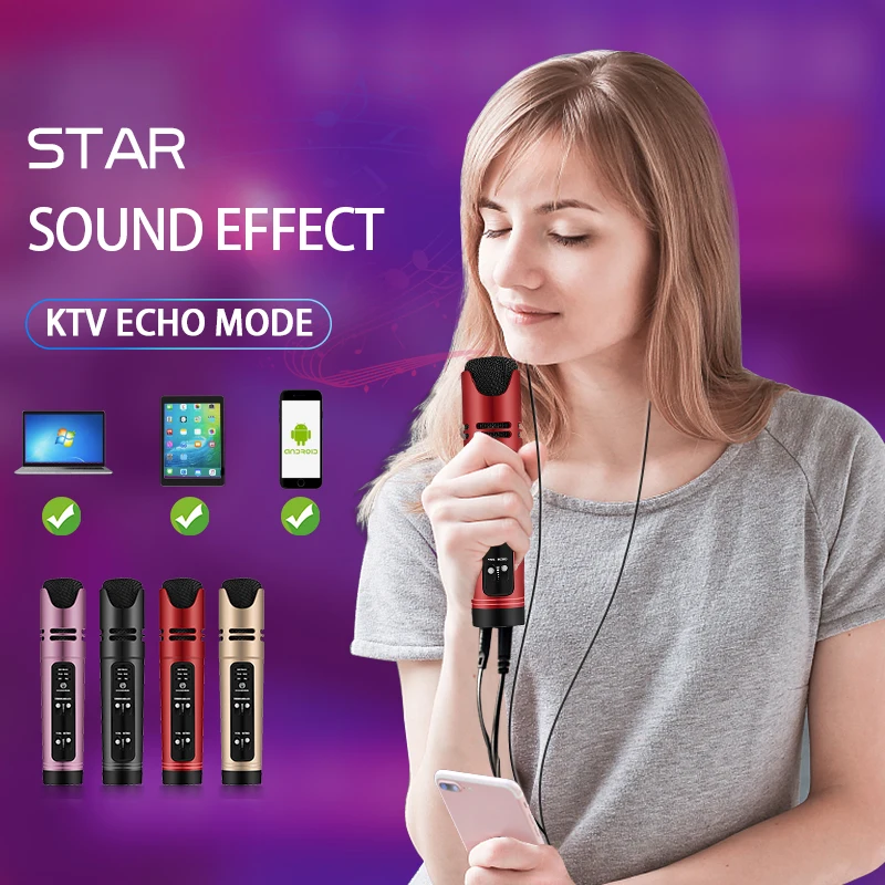 

Online Star Live Streaming & Youtube Video Condenser Microphone Sing Recording Karaoke For Mobile Phone Computer Support 6 Voice