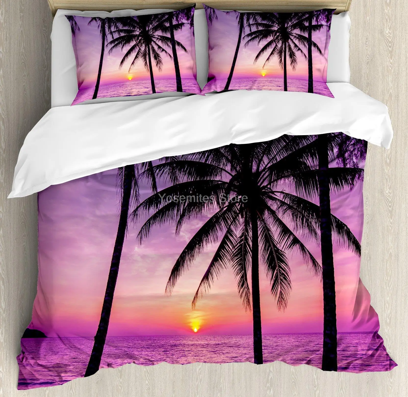 

Ocean Duvet Cover Set, Palm Trees Silhouette at Sunset Dreamy Dusk Warm Exotic Twilight Scenery Image, Decorative 3 Piece Beddi