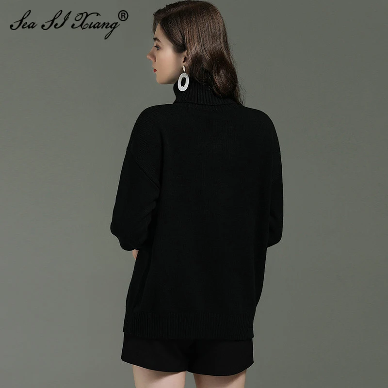 SEASIXIANG Fashion Designer Autumn Winter Women's Knitting Turtleneck Sweater Long sleeve Rose Flowers Wool Sweater Pullovers
