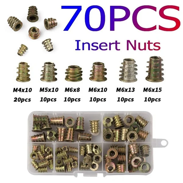 70pcs Assortment Insert Nuts Kit M4/M5/M6 Hex Drive Head Nuts Zinc Alloy with Box/Bag
70pcs Assortment Insert Nuts Kit M4/M5/M6 Hex Drive Head Nuts Zinc Alloy with Box/Bag