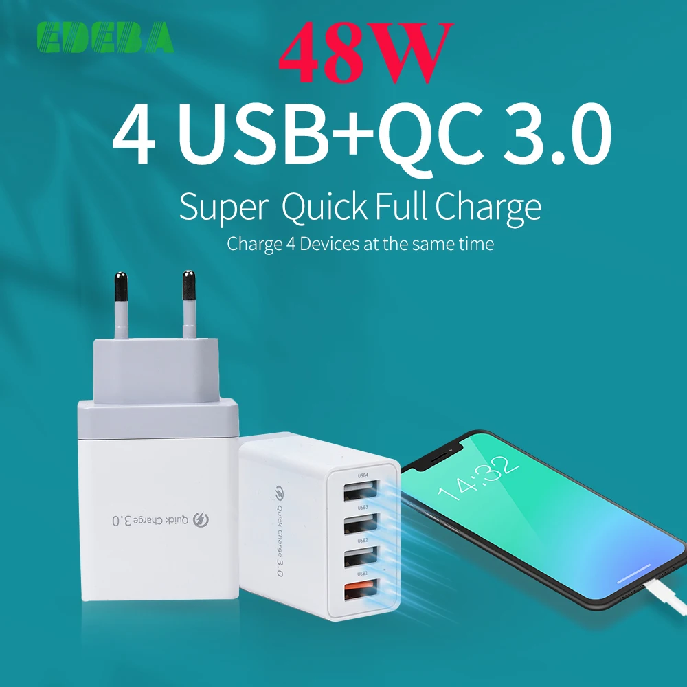 48W 4 Port USB Fast Charger for iPhone 12 11 Quick Charger 3 Fast Charging Adapter EU Plug Phone Charger for Xiaomi Samsung
48W 4 Port USB Fast Charger for iPhone 12 11 Quick Charger 3 Fast Charging Adapter EU Plug Phone Charger for Xiaomi Samsung