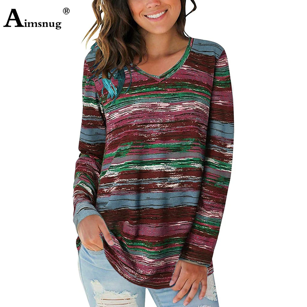 

Aimsnug Plus Size T-shirt Ladies Patchwork Stripes Women's Top Clothing 2021 Autumn New Bohemian Tees Shirt Casual Pullovers