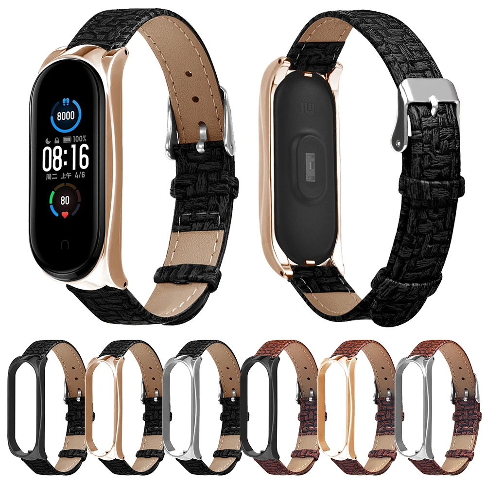 Винтажный тканый кожаный ремешок с узором и рамкой из сплава для Xiaomi Mi Band 5 / NFC