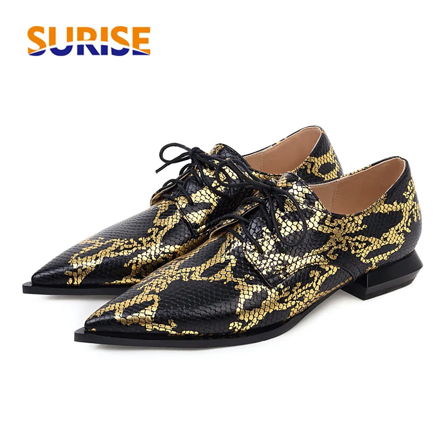 

British Women Brogues Silver Faux Snakeskin Pointed Toe Flats Low Square Heels Oxfords Office Party Lady Lace Up Vintage Derbies