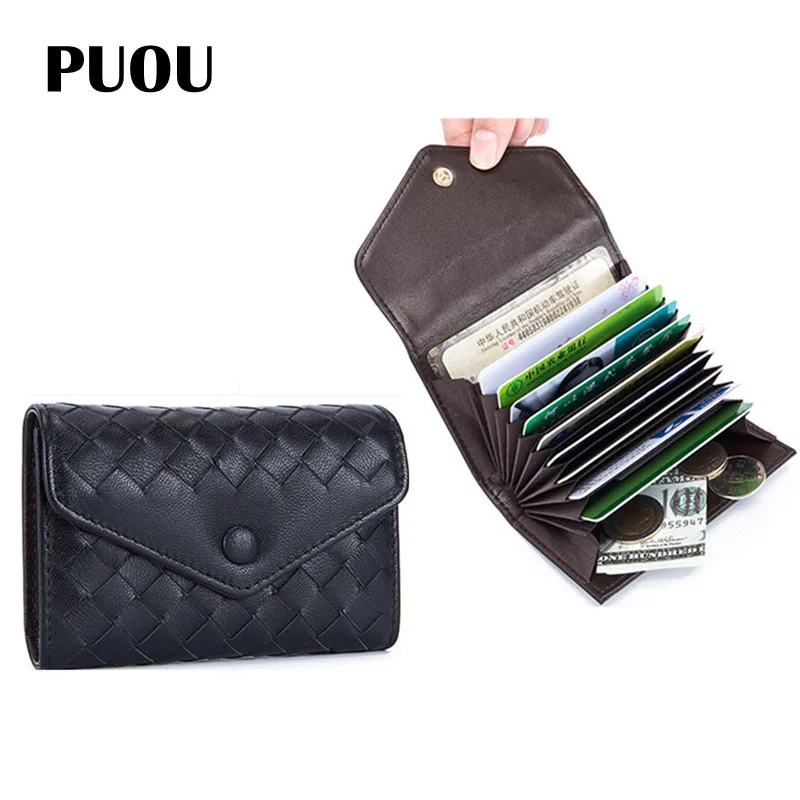 

PUOU Fashion Business Billfold 100% Sheepskin Leather Men's Wallets Short Money Clip Woven Wallet Leather Bag Lady Wallet Clutch