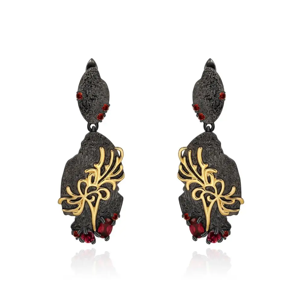 

GEM'S BALLET Natural Red Garnet Statement Earrings for Women Jewelry 925 Sterling Silver Handmade Equinox Flower Drop Earrings