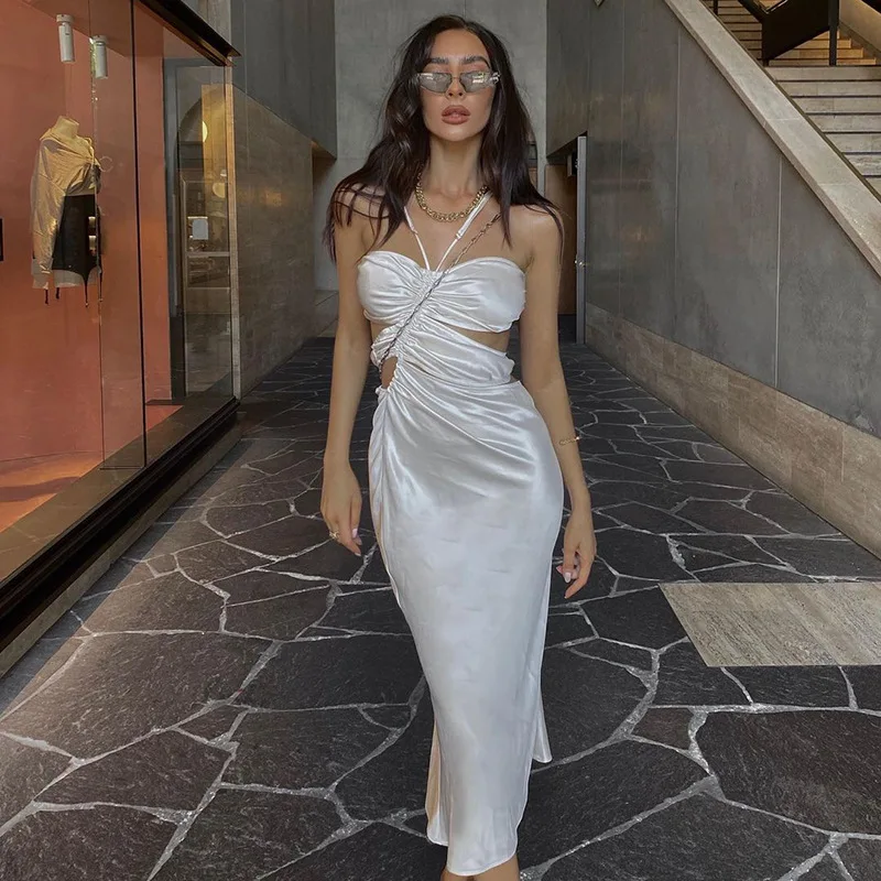2021 Summer Spaghetti Strap Halter Sexy Backless Midi Dress Fashion Elegant Bandage Sleeveless Club Party Bodycon Dresses 
2021 Summer Spaghetti Strap Halter Sexy Backless Midi Dress Fashion Elegant Bandage Sleeveless Club Party Bodycon Dresses